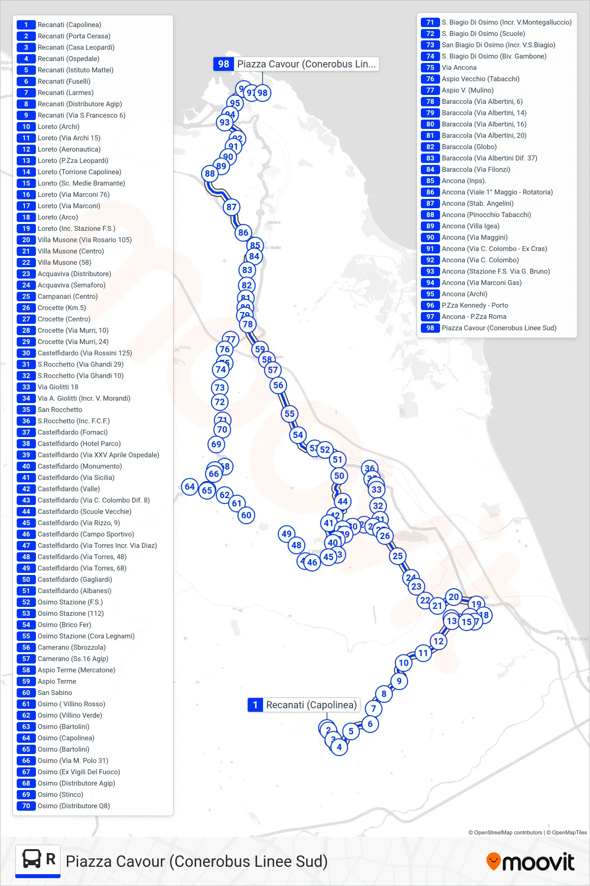 Linea R  bus (Piazza Cavour (Conerobus Linee Sud)) - Percorsi e fermate sulla mappa