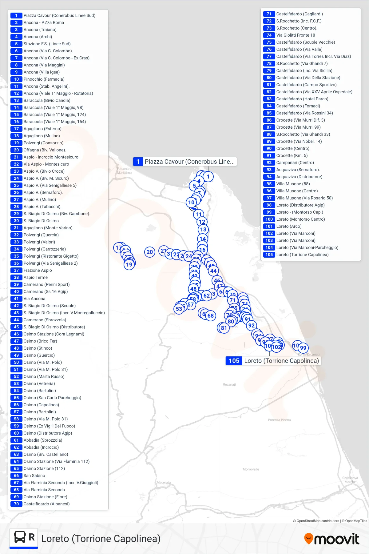 Linea R bus (Loreto (Torrione Capolinea)) - Percorsi e fermate sulla mappa