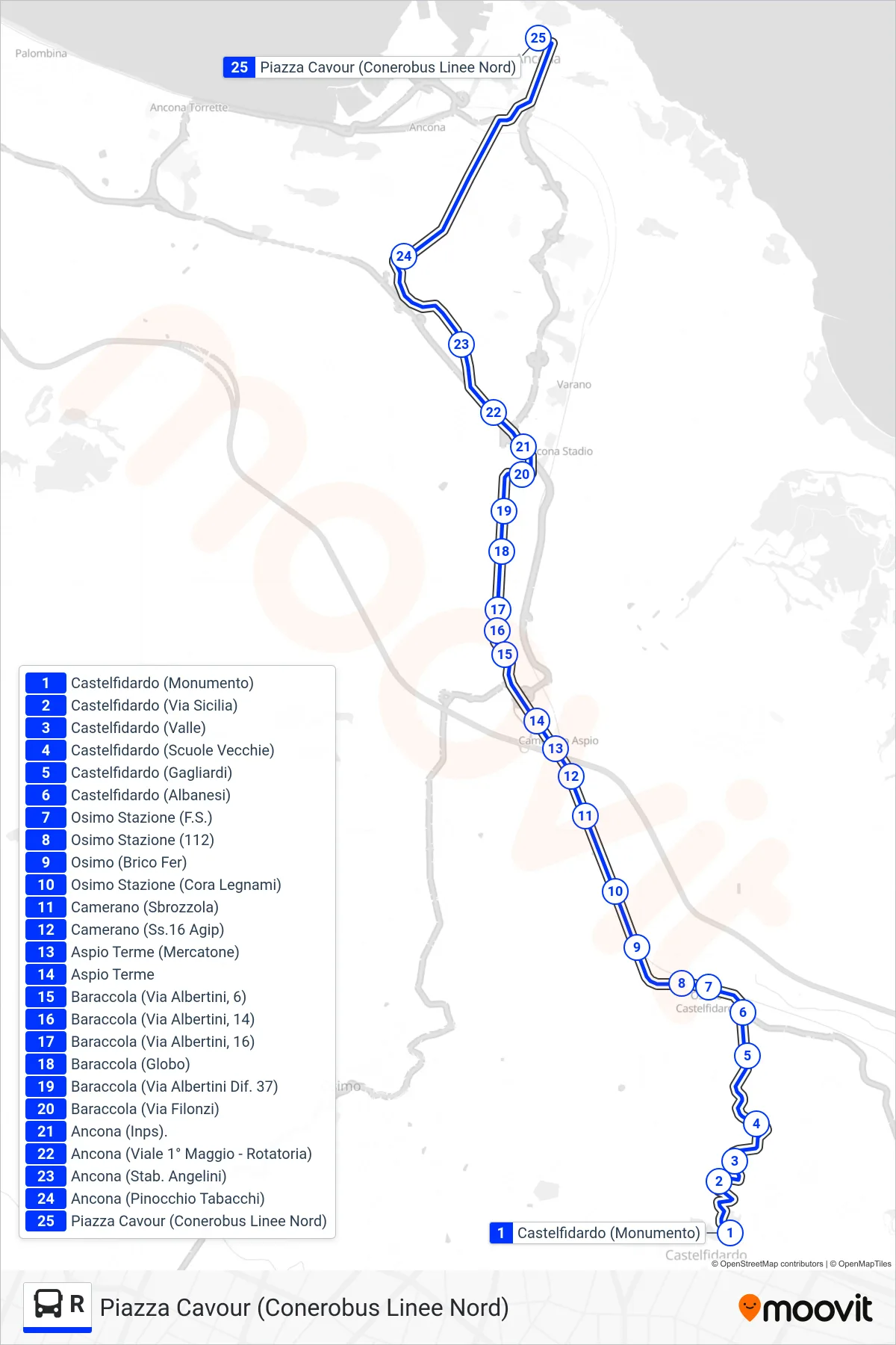 Linea R  bus (Piazza Cavour (Conerobus Linee Nord)) - Percorsi e fermate sulla mappa