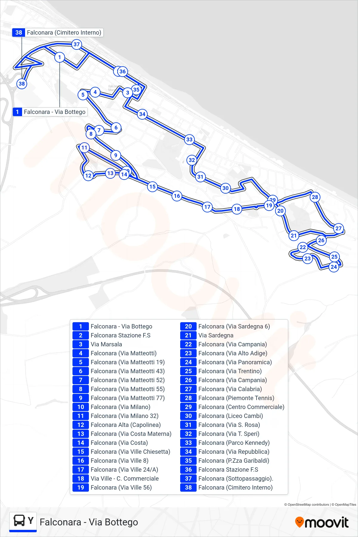 Linea Y  bus (Falconara - Via Bottego) - Percorsi e fermate sulla mappa