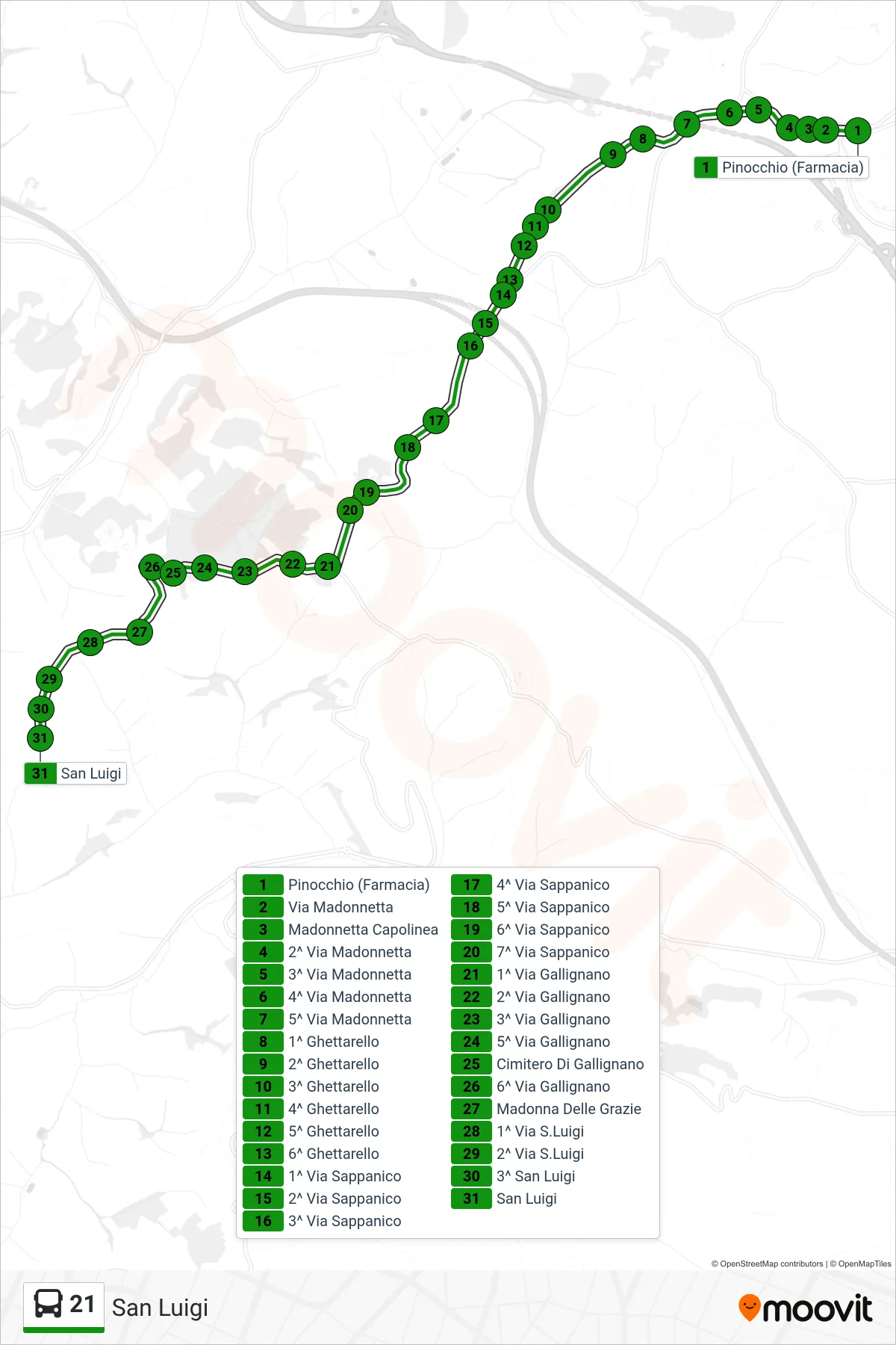 Linea 21 bus (San Luigi) - Percorsi e fermate sulla mappa