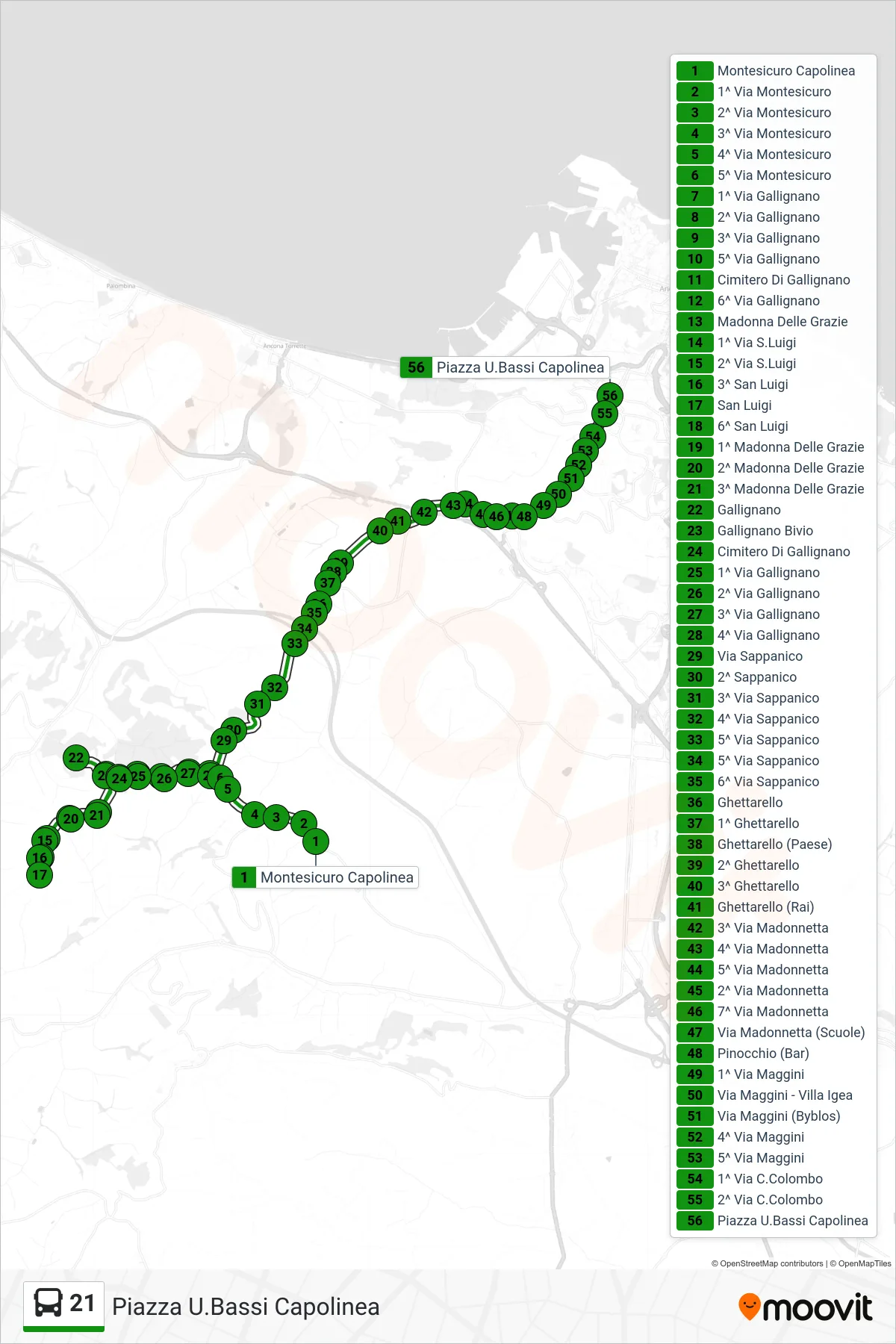 Linea 21 bus (Piazza U.Bassi Capolinea) - Percorsi e fermate sulla mappa