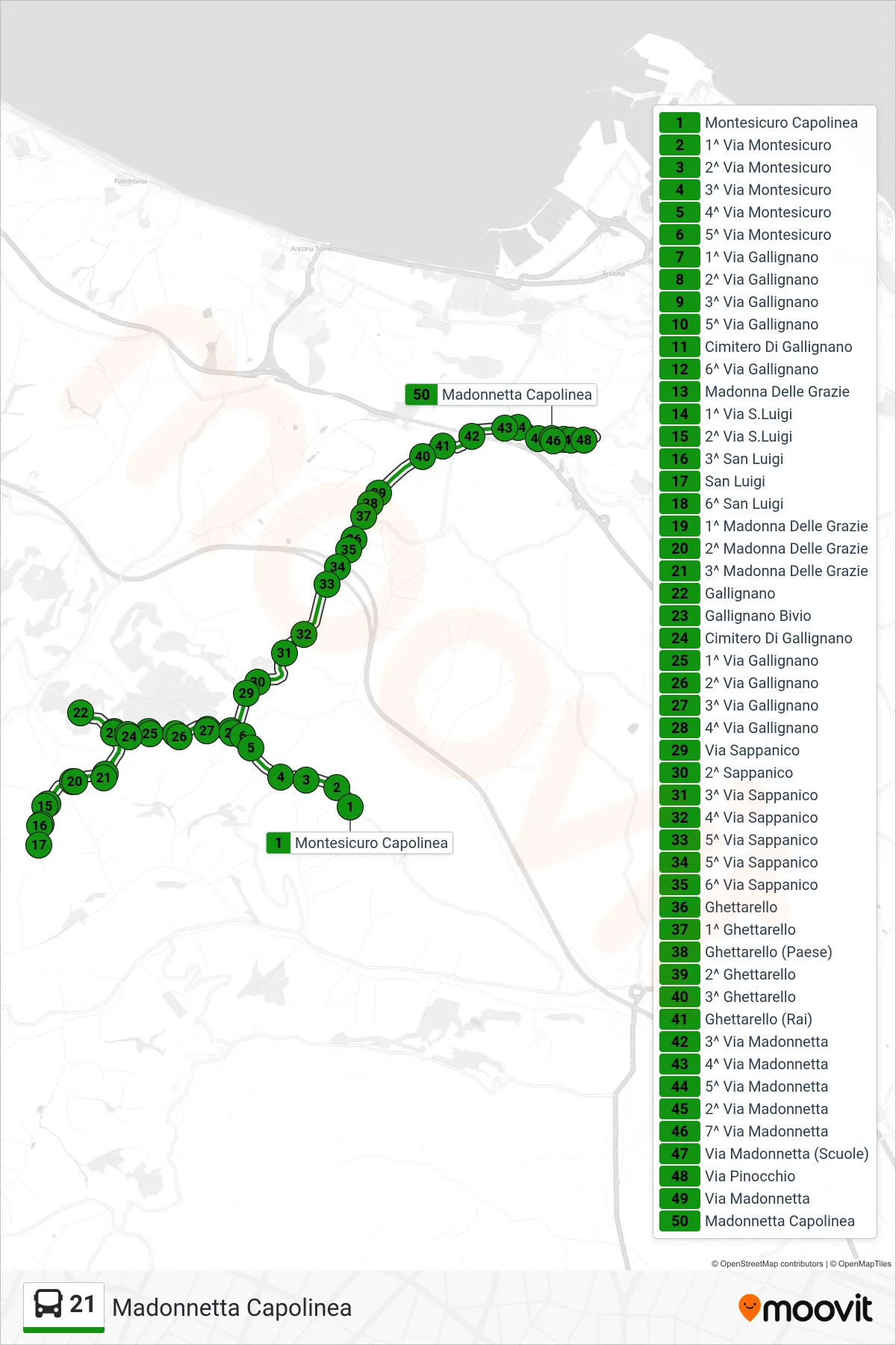 Linea 21 bus (Madonnetta Capolinea) - Percorsi e fermate sulla mappa
