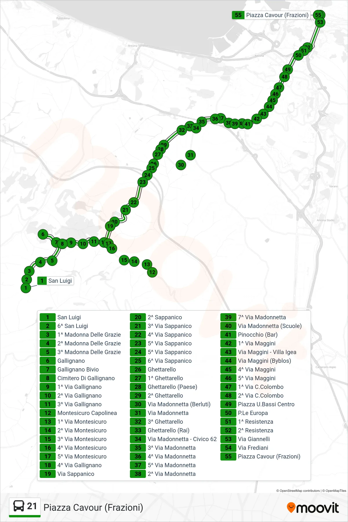 Linea 21 bus (Piazza Cavour (Frazioni)) - Percorsi e fermate sulla mappa
