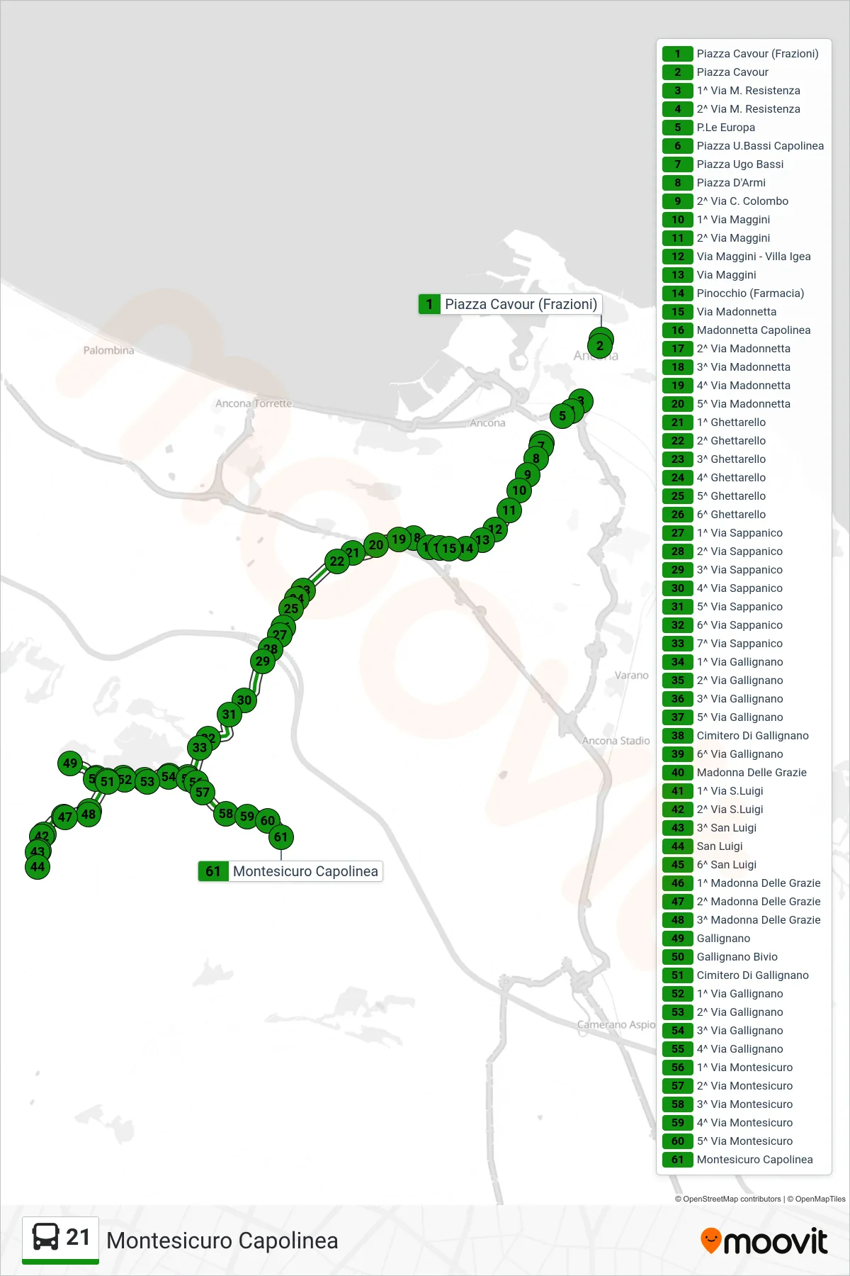 Linea 21 bus (Montesicuro Capolinea) - Percorsi e fermate sulla mappa
