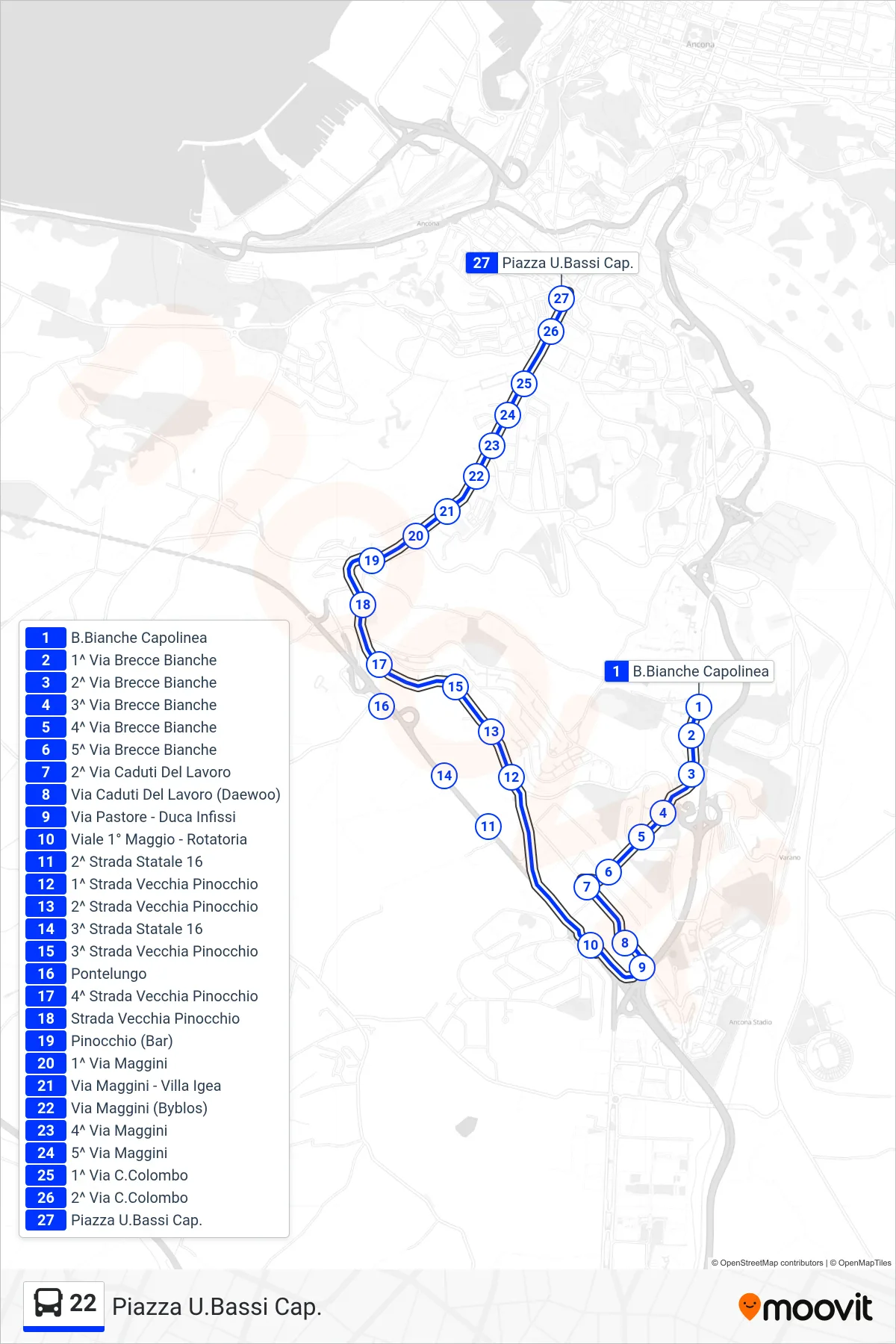 Linea 22 bus (Piazza U.Bassi Cap.) - Percorsi e fermate sulla mappa