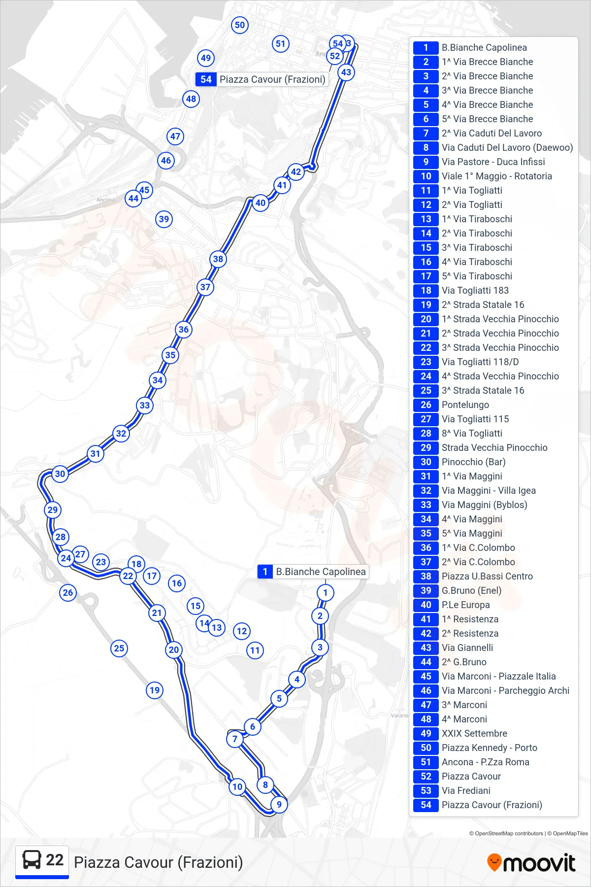 Linea 22  bus (Piazza Cavour (Frazioni)) - Percorsi e fermate sulla mappa