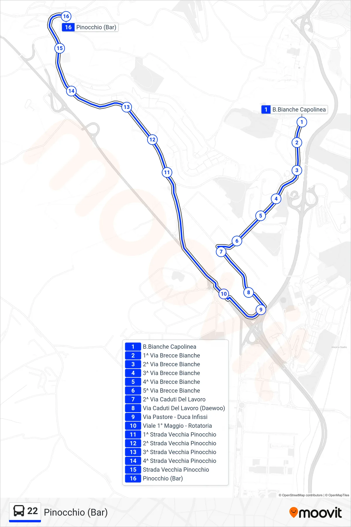 Linea 22  bus (Pinocchio (Bar)) - Percorsi e fermate sulla mappa