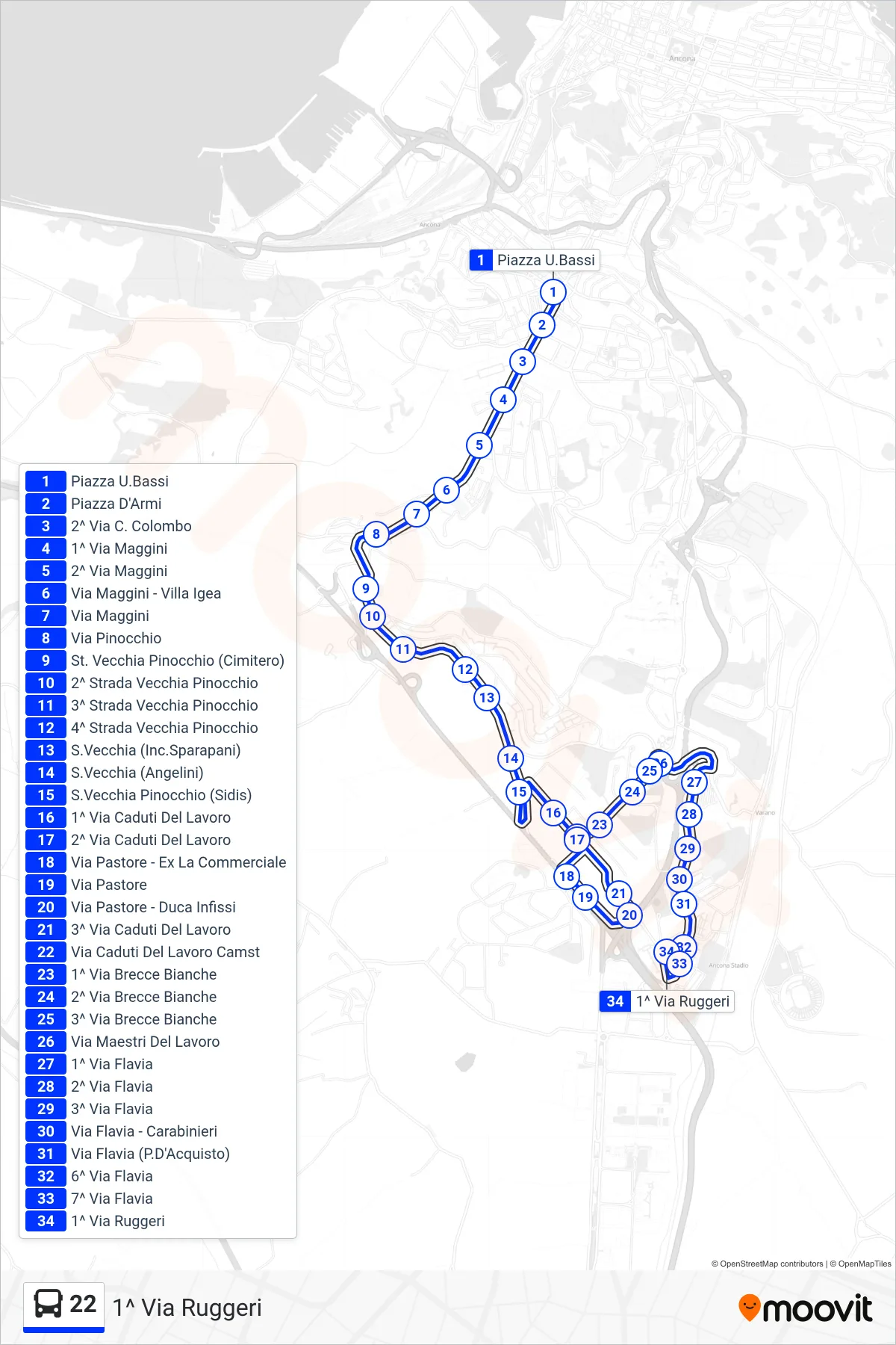 Linea 22 bus (1^ Via Ruggeri) - Percorsi e fermate sulla mappa