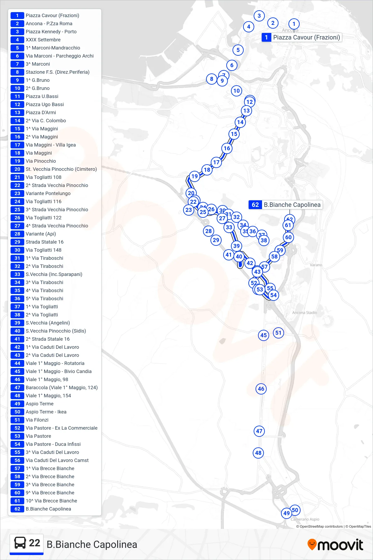 Linea 22  bus (B.Bianche Capolinea) - Percorsi e fermate sulla mappa