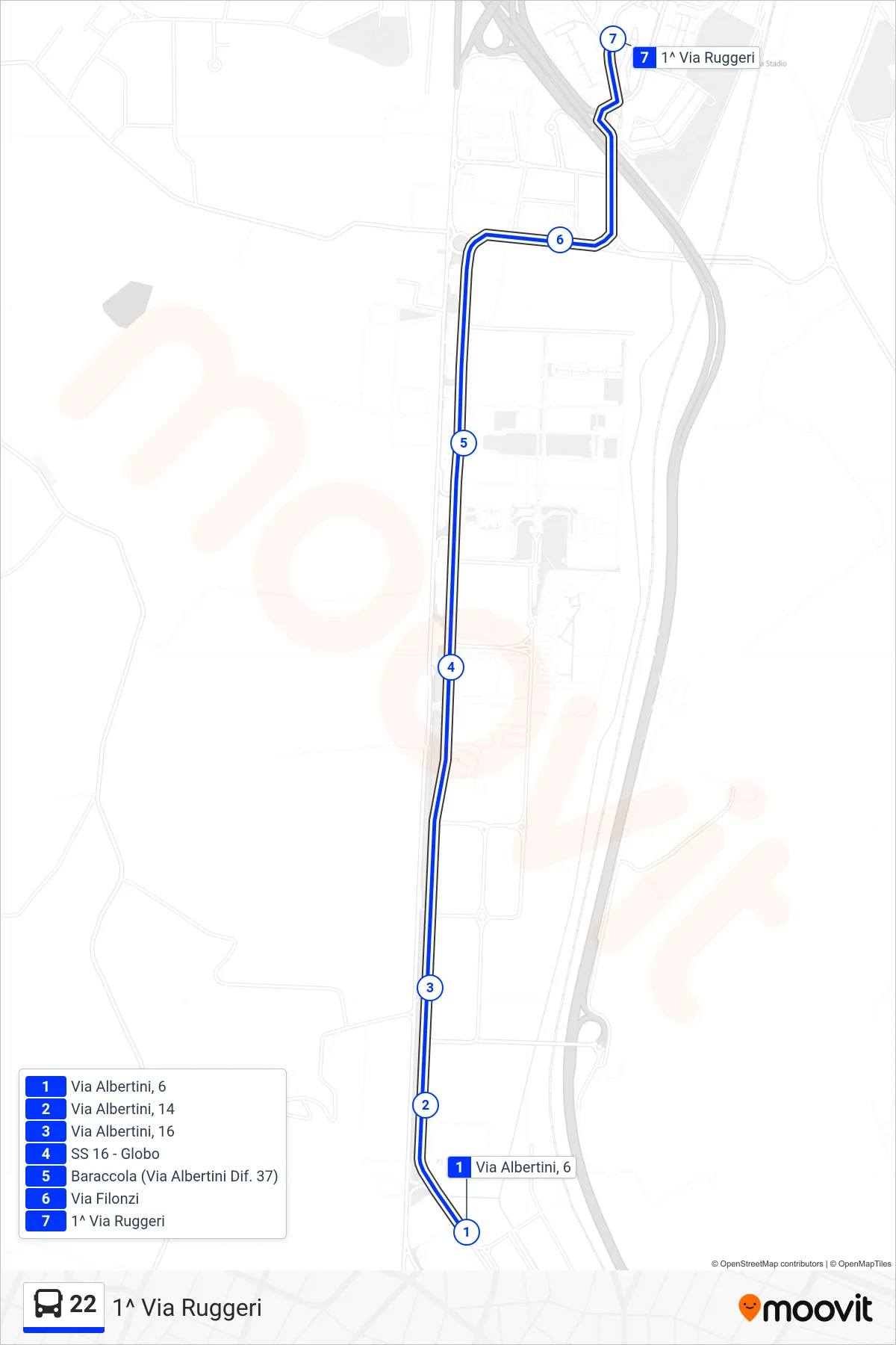 Linea 22  bus (1^ Via Ruggeri) - Percorsi e fermate sulla mappa