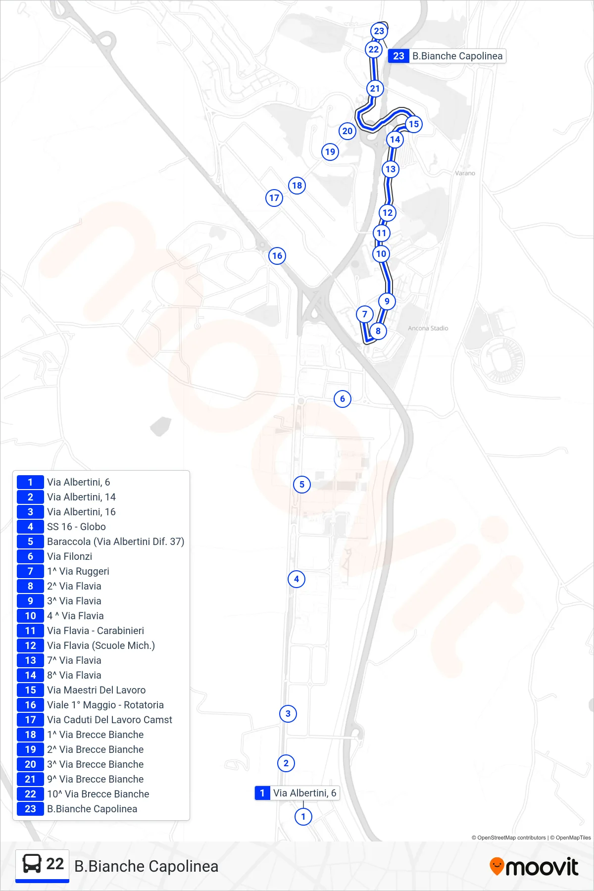 Linea 22  bus (B.Bianche Capolinea) - Percorsi e fermate sulla mappa