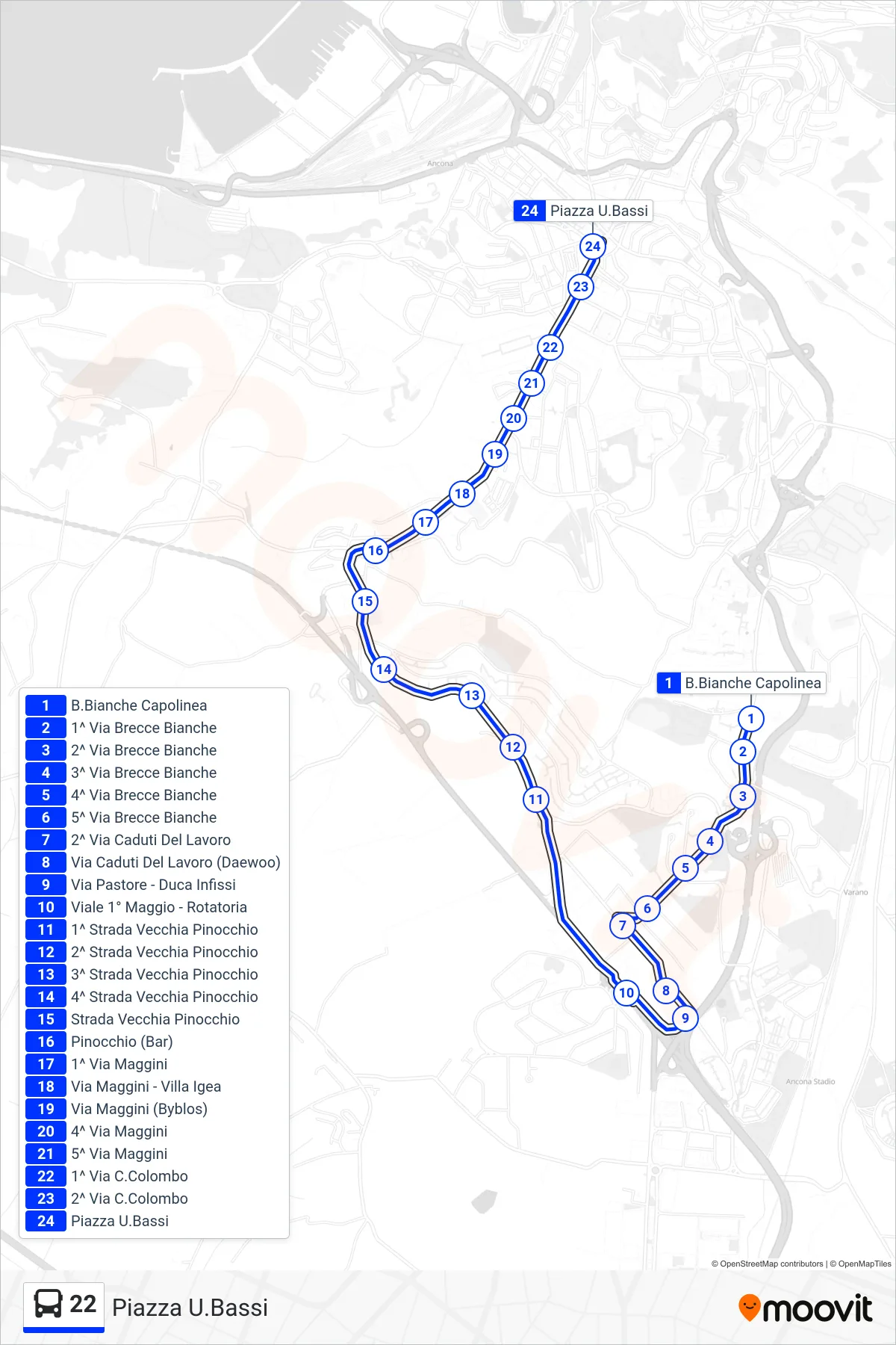 Linea 22 bus (Piazza U.Bassi) - Percorsi e fermate sulla mappa