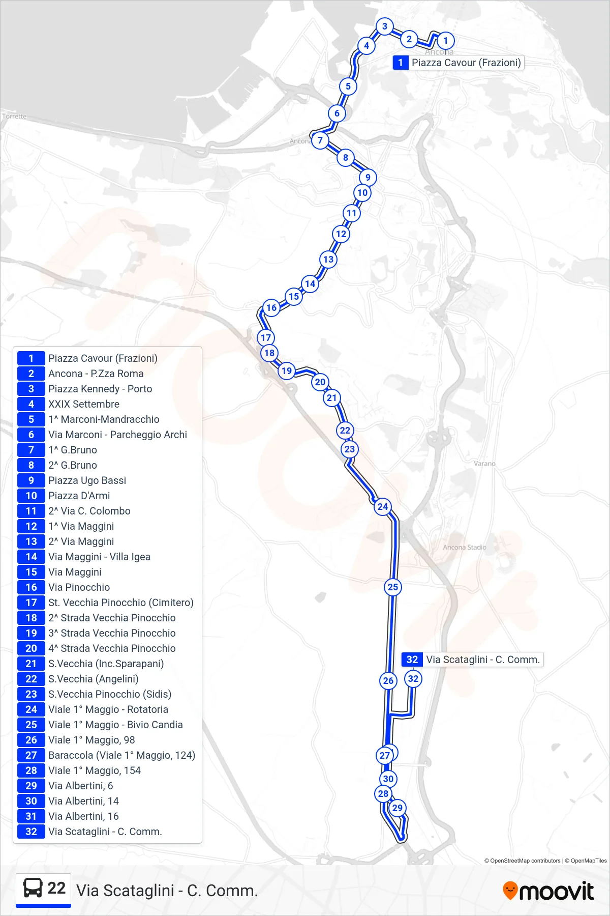 Linea 22  bus (Via Scataglini - C. Comm.) - Percorsi e fermate sulla mappa