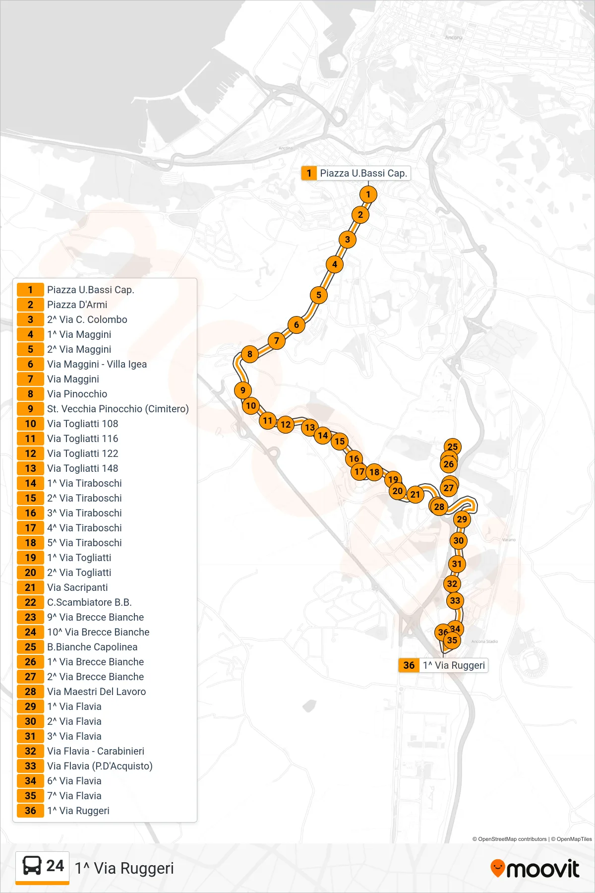 Linea 24  bus (1^ Via Ruggeri) - Percorsi e fermate sulla mappa