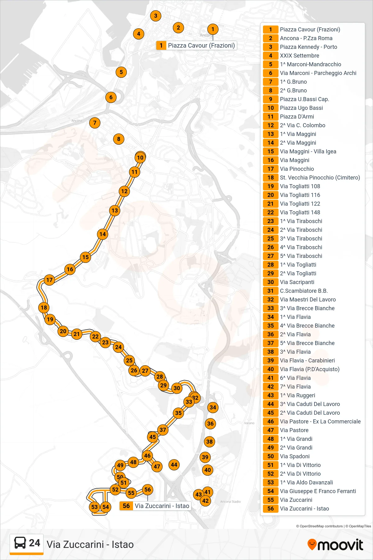 Linea 24 bus (Via Zuccarini - Istao) - Percorsi e fermate sulla mappa