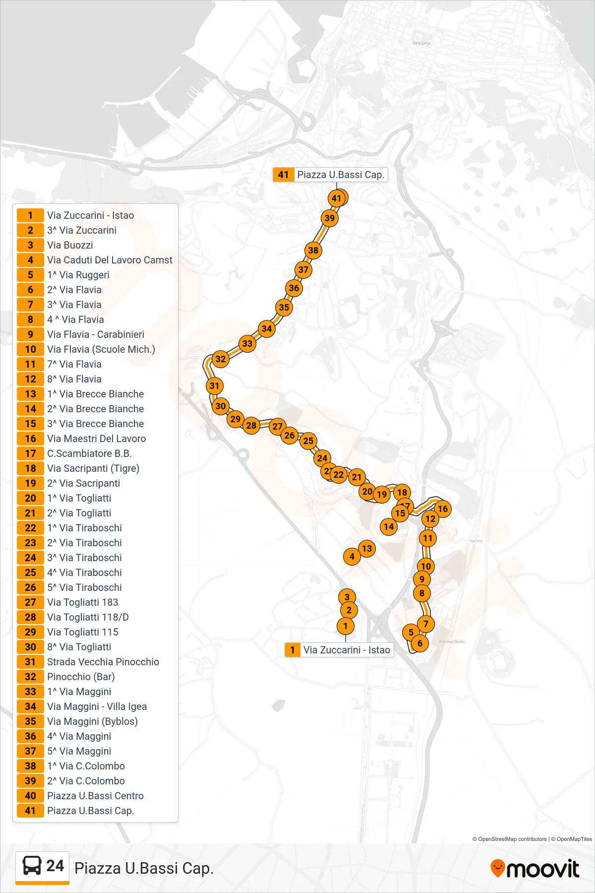 Linea 24  bus (Piazza U.Bassi Cap.) - Percorsi e fermate sulla mappa