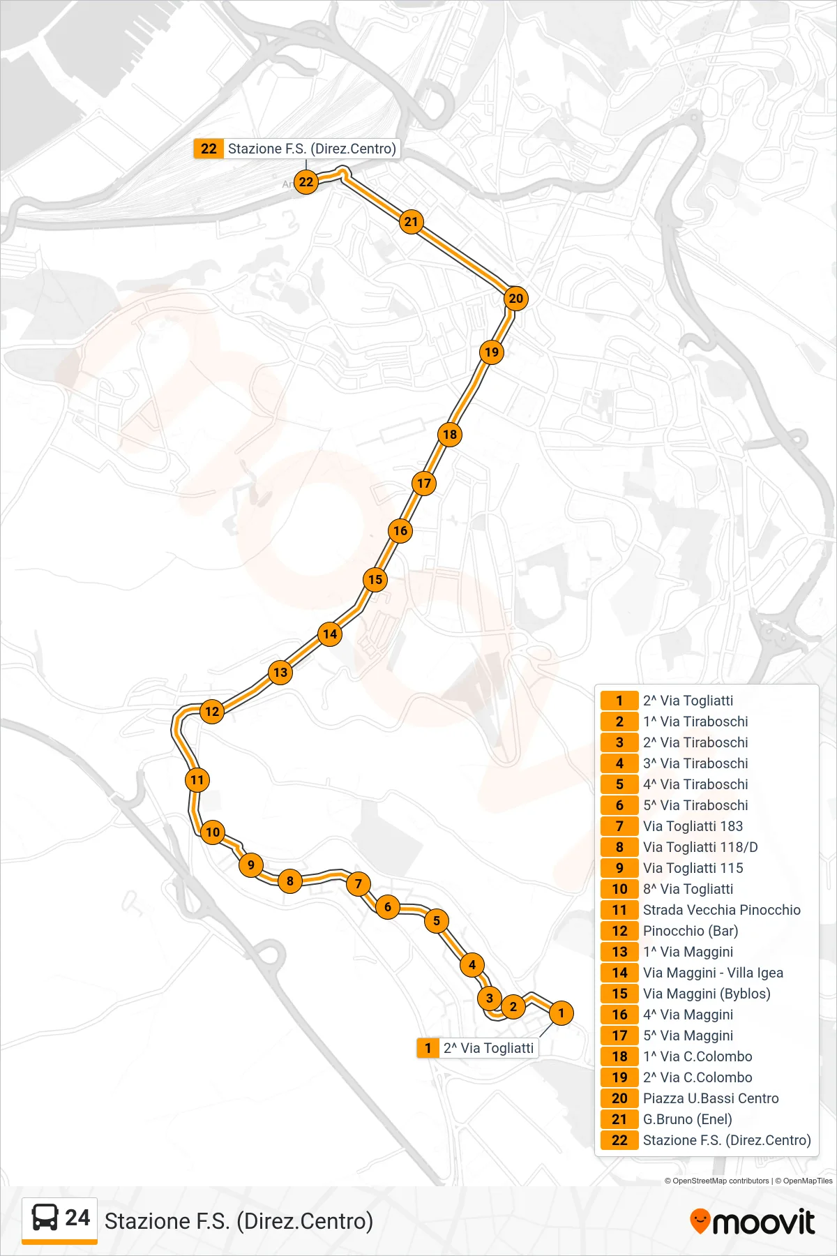 Linea 24 bus (Stazione F.S. (Direz.Centro)) - Percorsi e fermate sulla mappa