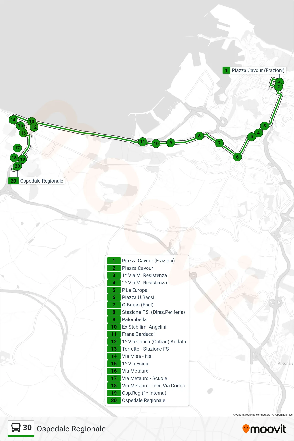Linea 30 bus (Ospedale Regionale) - Percorsi e fermate sulla mappa