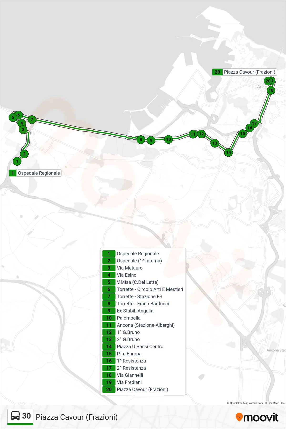 Linea 30  bus (Piazza Cavour (Frazioni)) - Percorsi e fermate sulla mappa