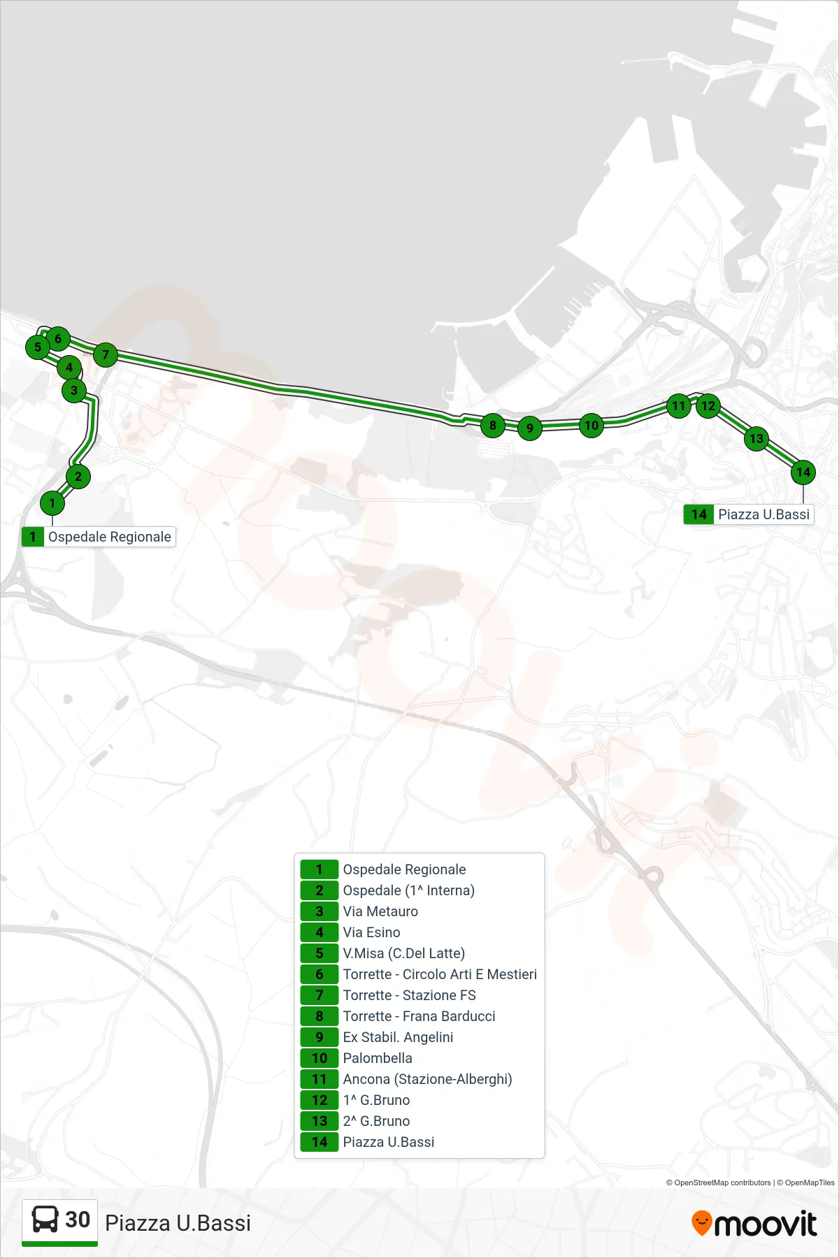 Linea 30 bus (Piazza U.Bassi) - Percorsi e fermate sulla mappa