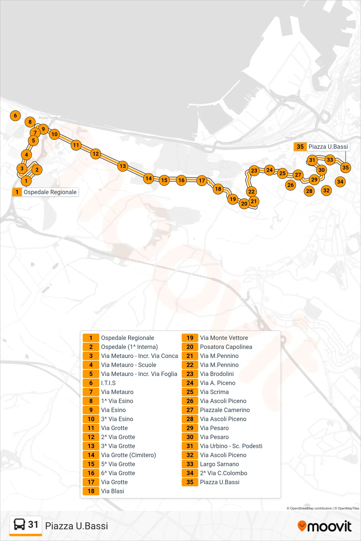 Linea 31 bus (Piazza U.Bassi) - Percorsi e fermate sulla mappa