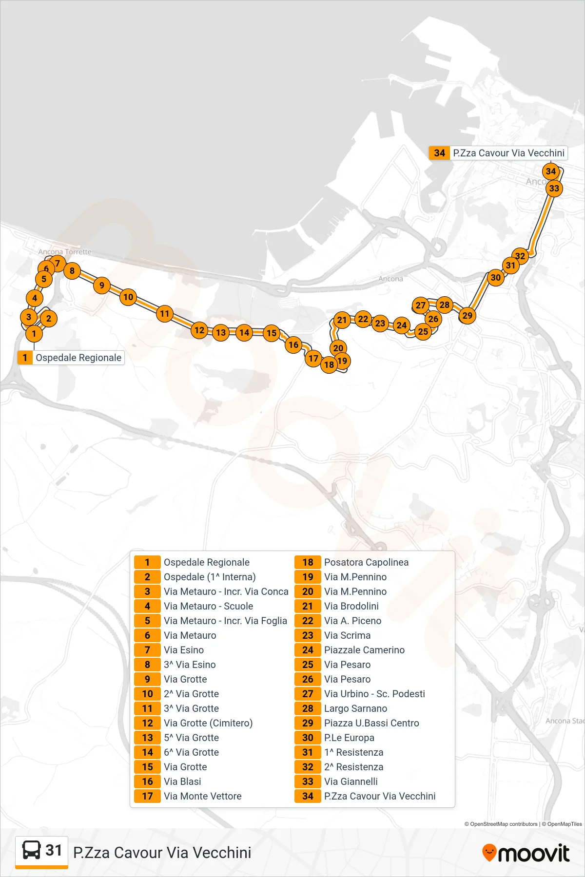 Linea 31 bus (P.Zza Cavour Via Vecchini) - Percorsi e fermate sulla mappa