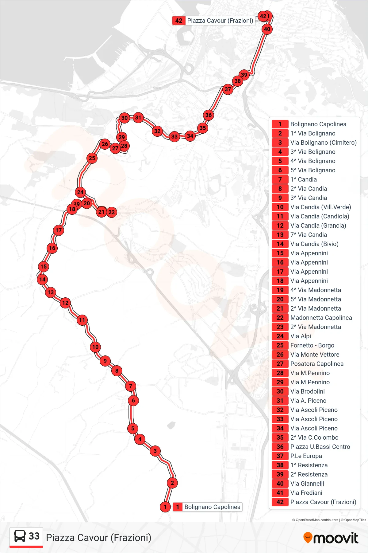 Linea 33  bus (Piazza Cavour (Frazioni)) - Percorsi e fermate sulla mappa