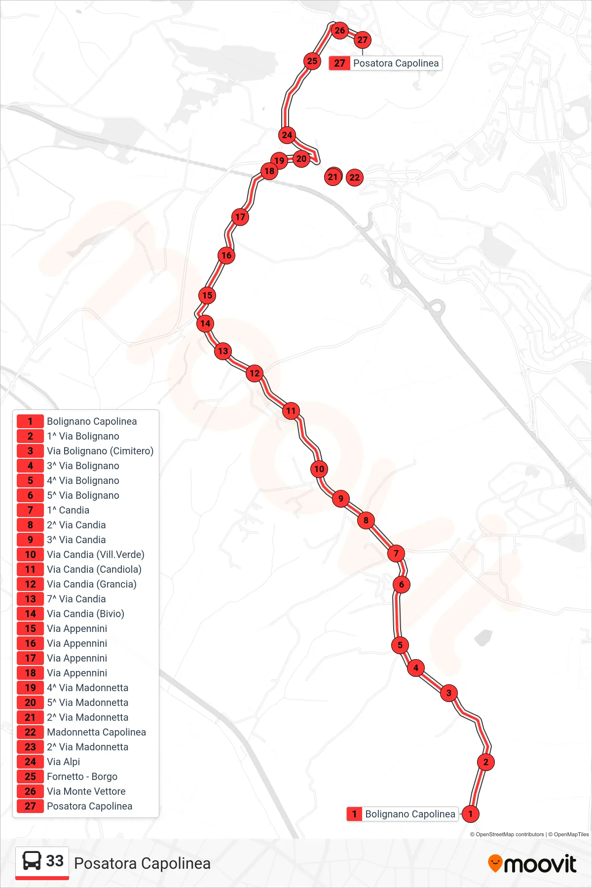Linea 33 bus (Posatora Capolinea) - Percorsi e fermate sulla mappa