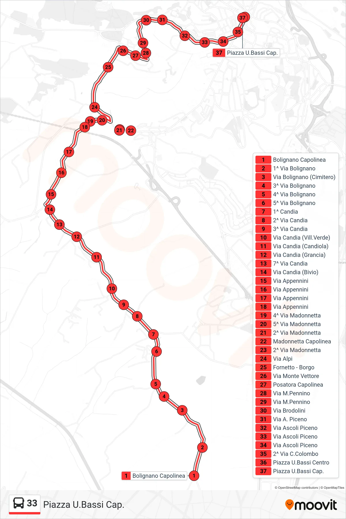 Linea 33 bus (Piazza U.Bassi Cap.) - Percorsi e fermate sulla mappa