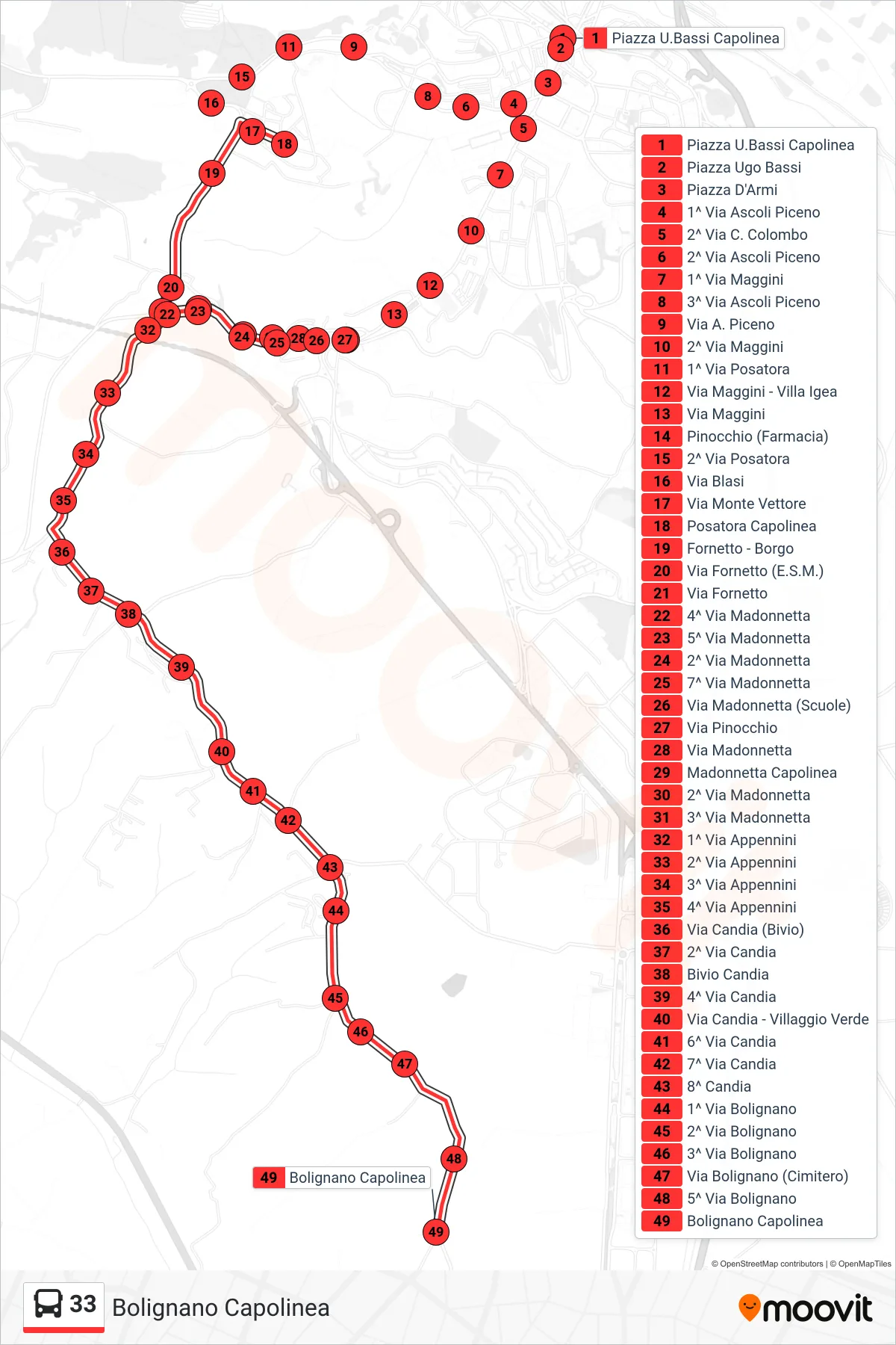 Linea 33  bus (Bolignano Capolinea) - Percorsi e fermate sulla mappa