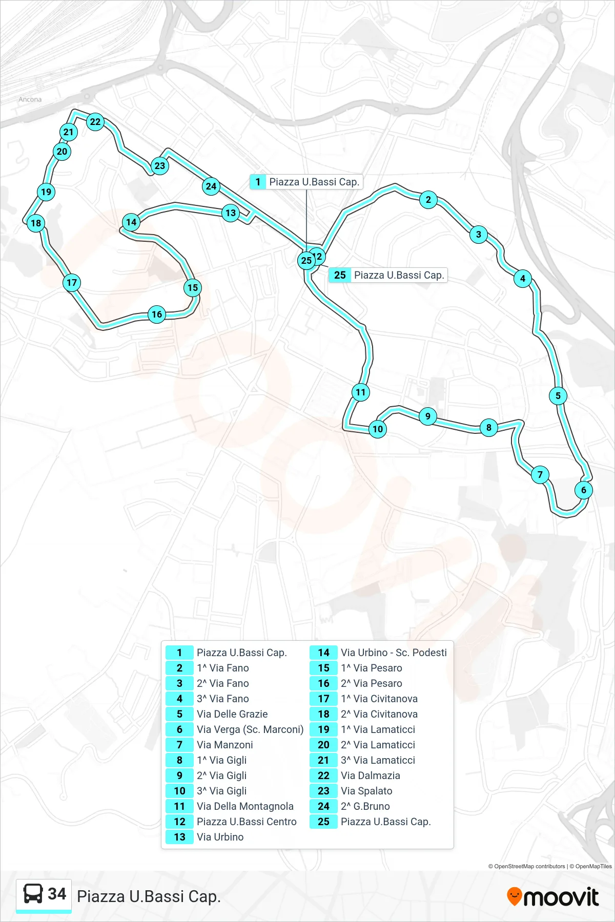 Linea 34 bus (Piazza U.Bassi Cap.) - Percorsi e fermate sulla mappa
