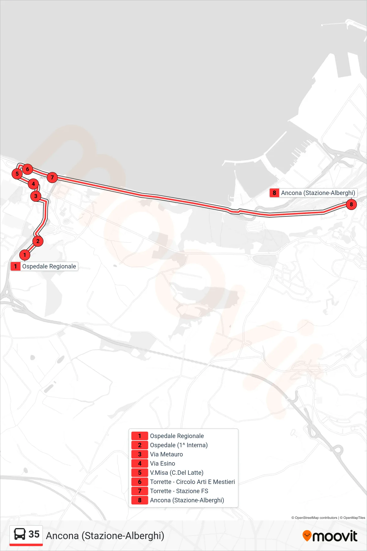 Linea 35 bus (Ancona (Stazione-Alberghi)) - Percorsi e fermate sulla mappa