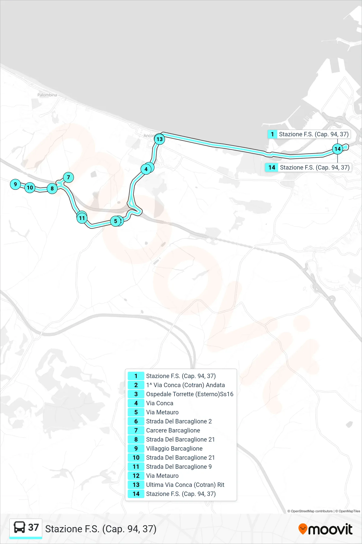 Linea 37  bus (Stazione F.S. (Cap. 94, 37)) - Percorsi e fermate sulla mappa