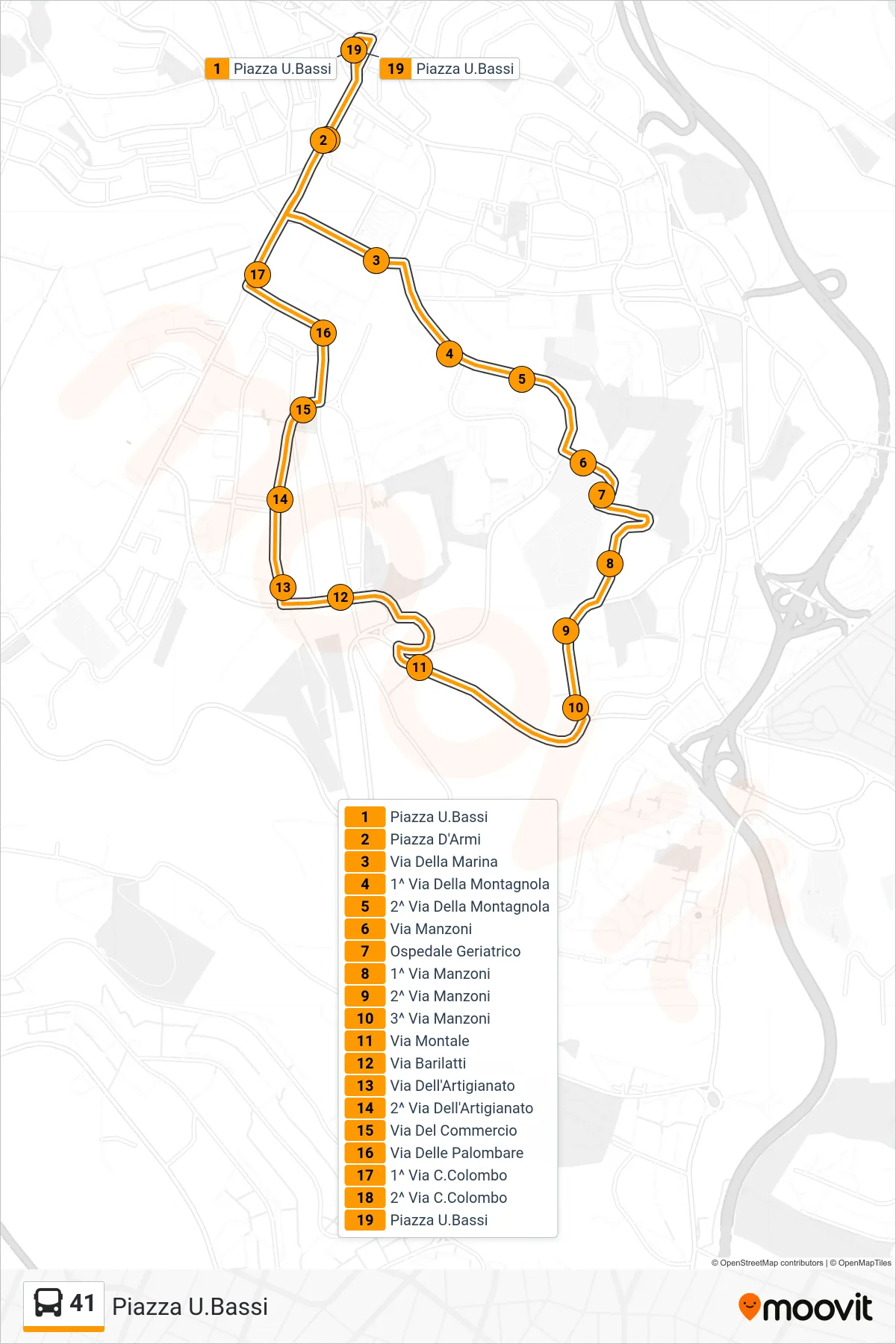 Linea 41  bus (Piazza U.Bassi) - Percorsi e fermate sulla mappa
