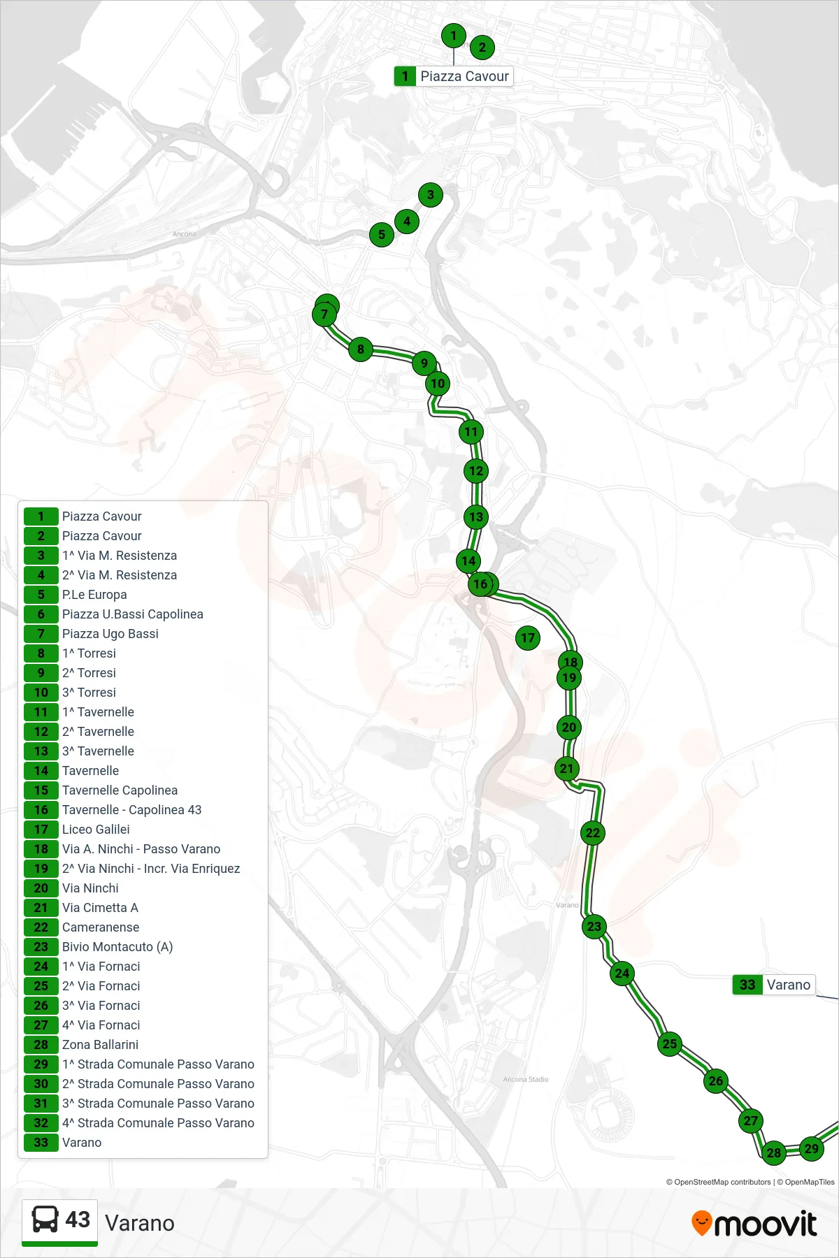 Linea 43  bus (Varano) - Percorsi e fermate sulla mappa