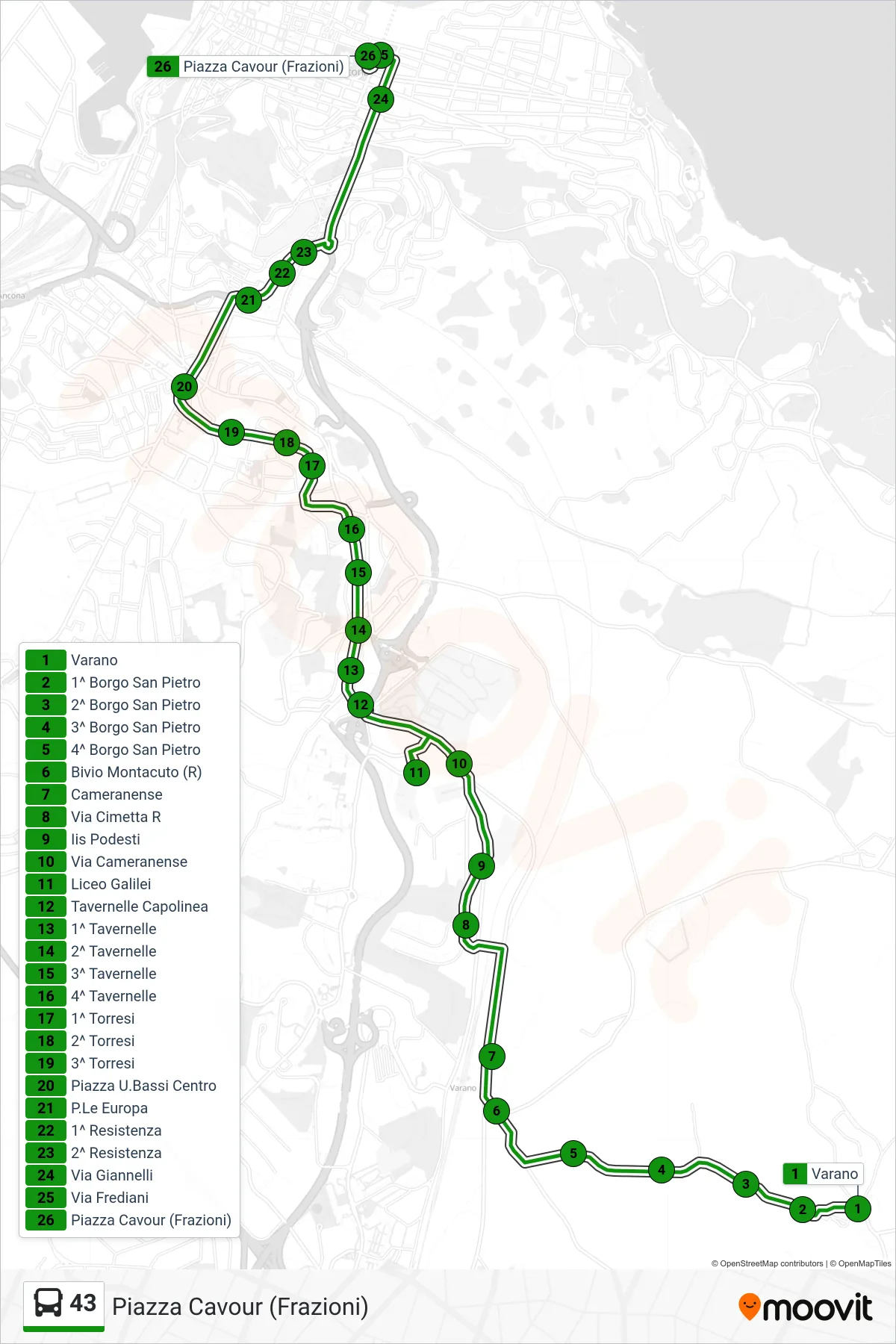 Linea 43  bus (Piazza Cavour (Frazioni)) - Percorsi e fermate sulla mappa