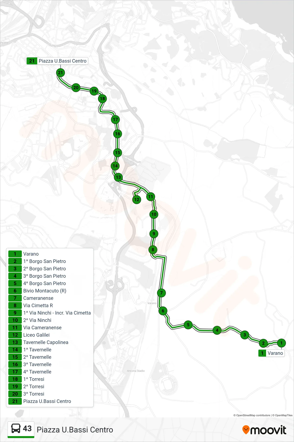 Linea 43 bus (Piazza U.Bassi Centro) - Percorsi e fermate sulla mappa