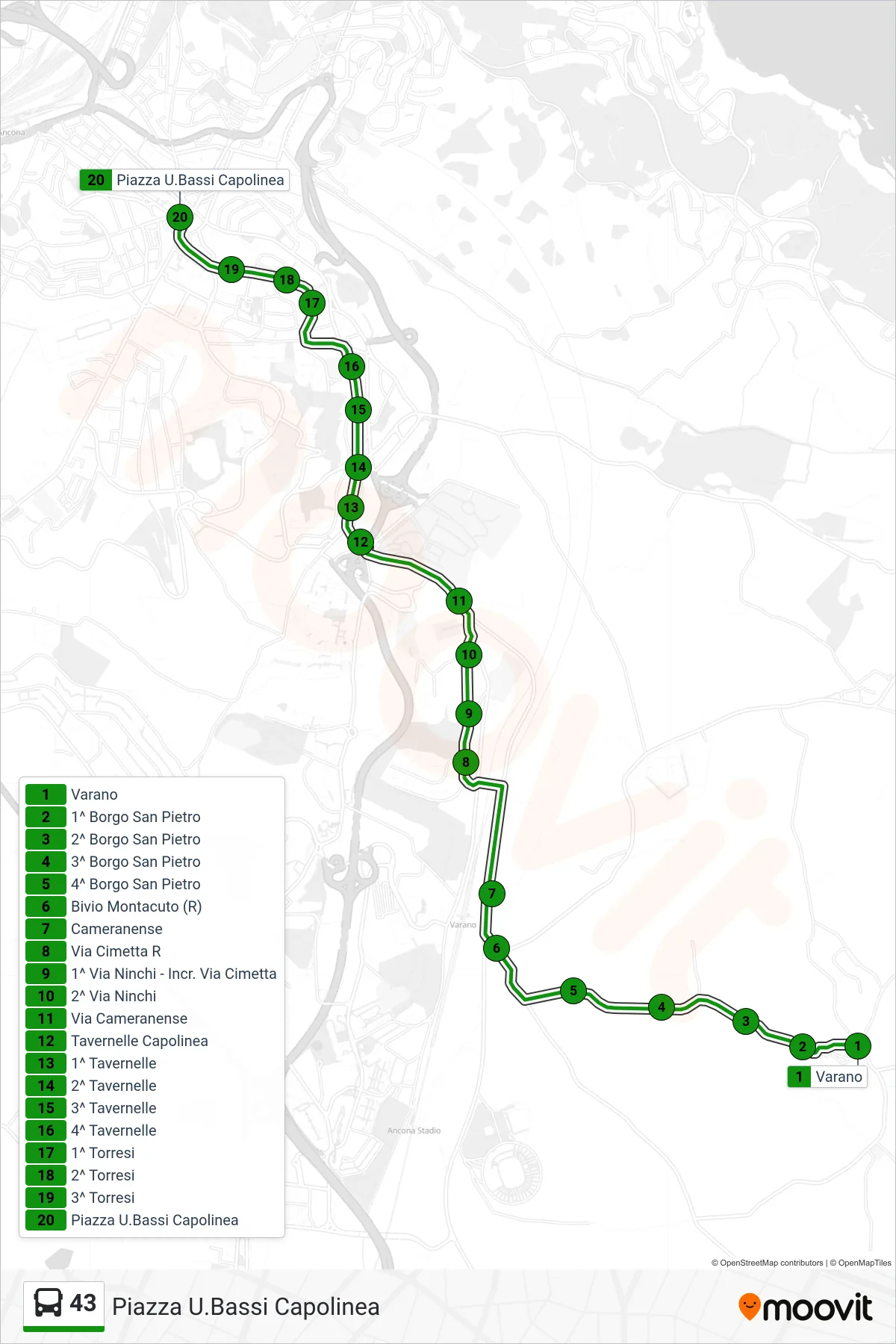 Linea 43 bus (Piazza U.Bassi Capolinea) - Percorsi e fermate sulla mappa
