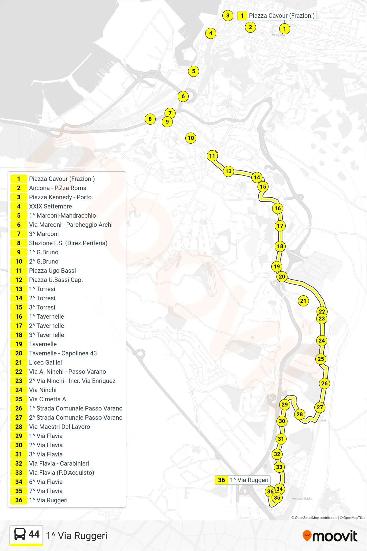 Linea 44  bus (1^ Via Ruggeri) - Percorsi e fermate sulla mappa