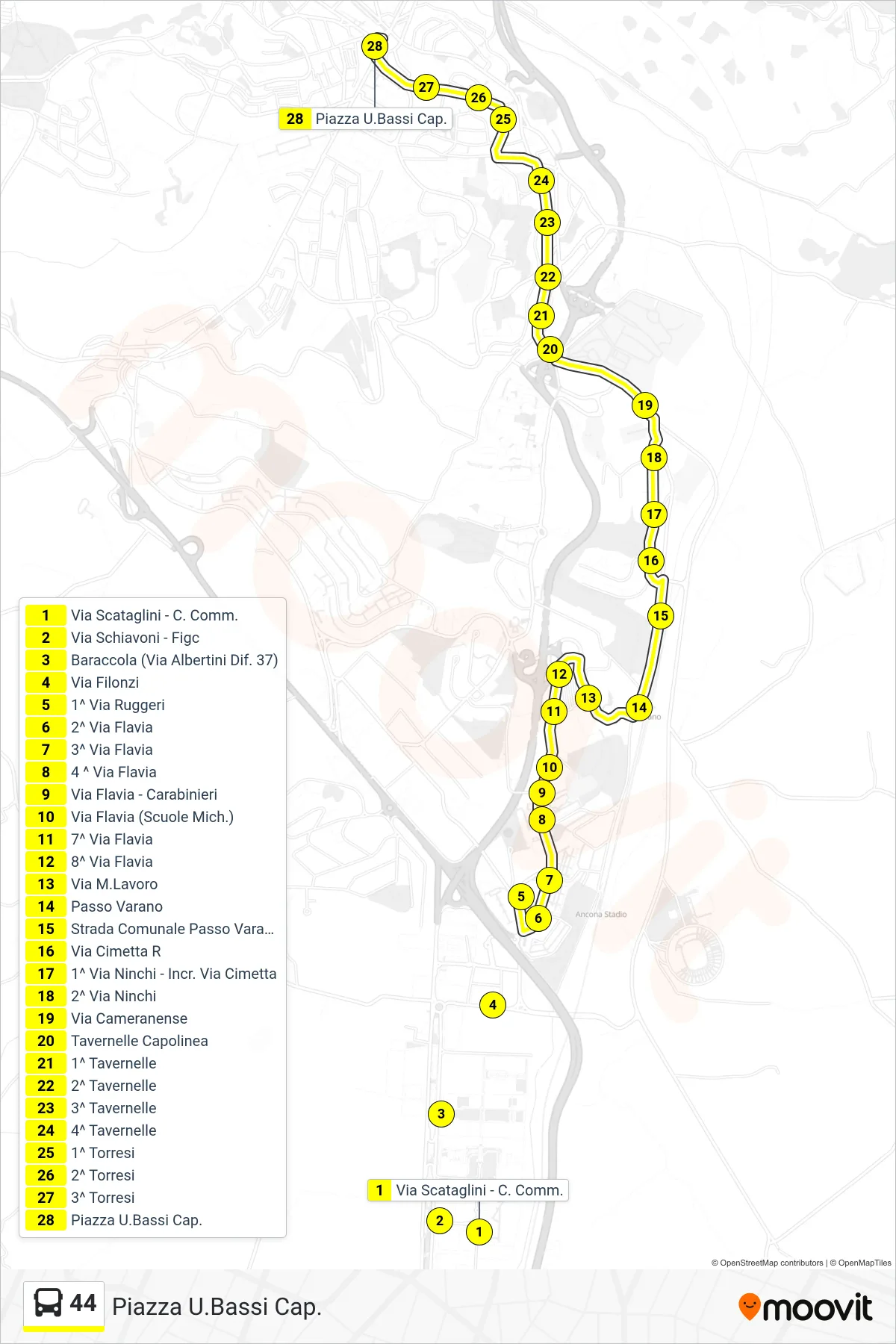 Linea 44  bus (Piazza U.Bassi Cap.) - Percorsi e fermate sulla mappa