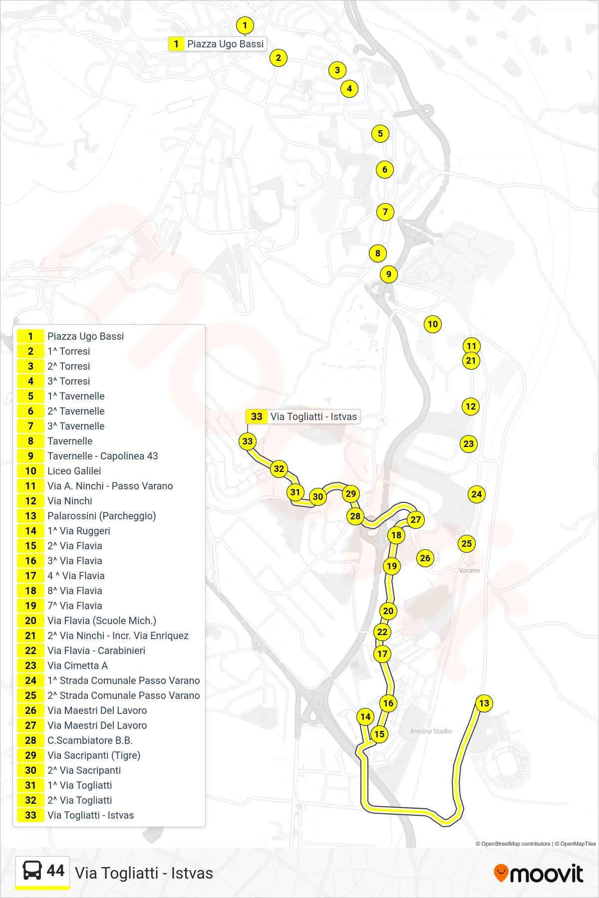 Linea 44 bus (Via Togliatti - Istvas) - Percorsi e fermate sulla mappa
