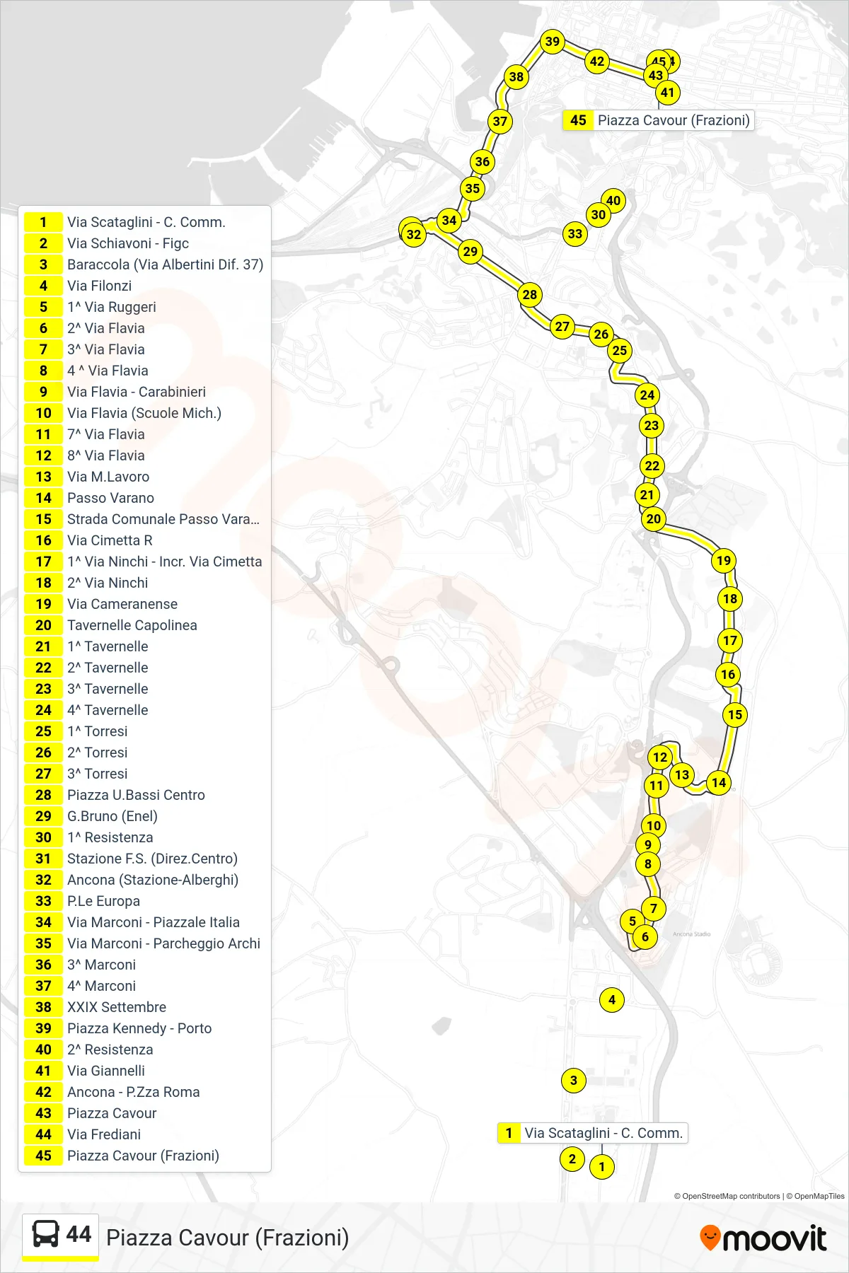 Linea 44  bus (Piazza Cavour (Frazioni)) - Percorsi e fermate sulla mappa