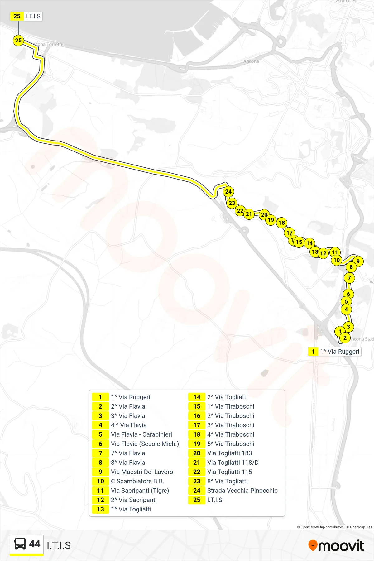 Linea 44  bus (I.T.I.S) - Percorsi e fermate sulla mappa