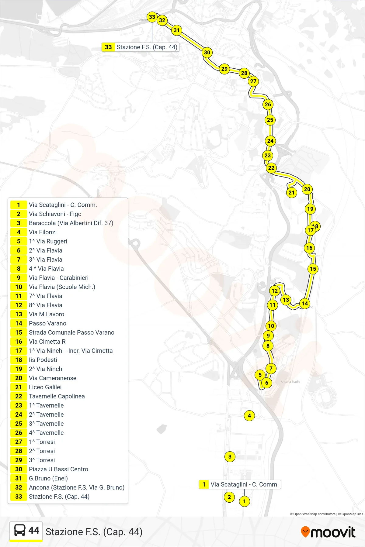 Linea 44 bus (Stazione F.S. (Cap. 44)) - Percorsi e fermate sulla mappa