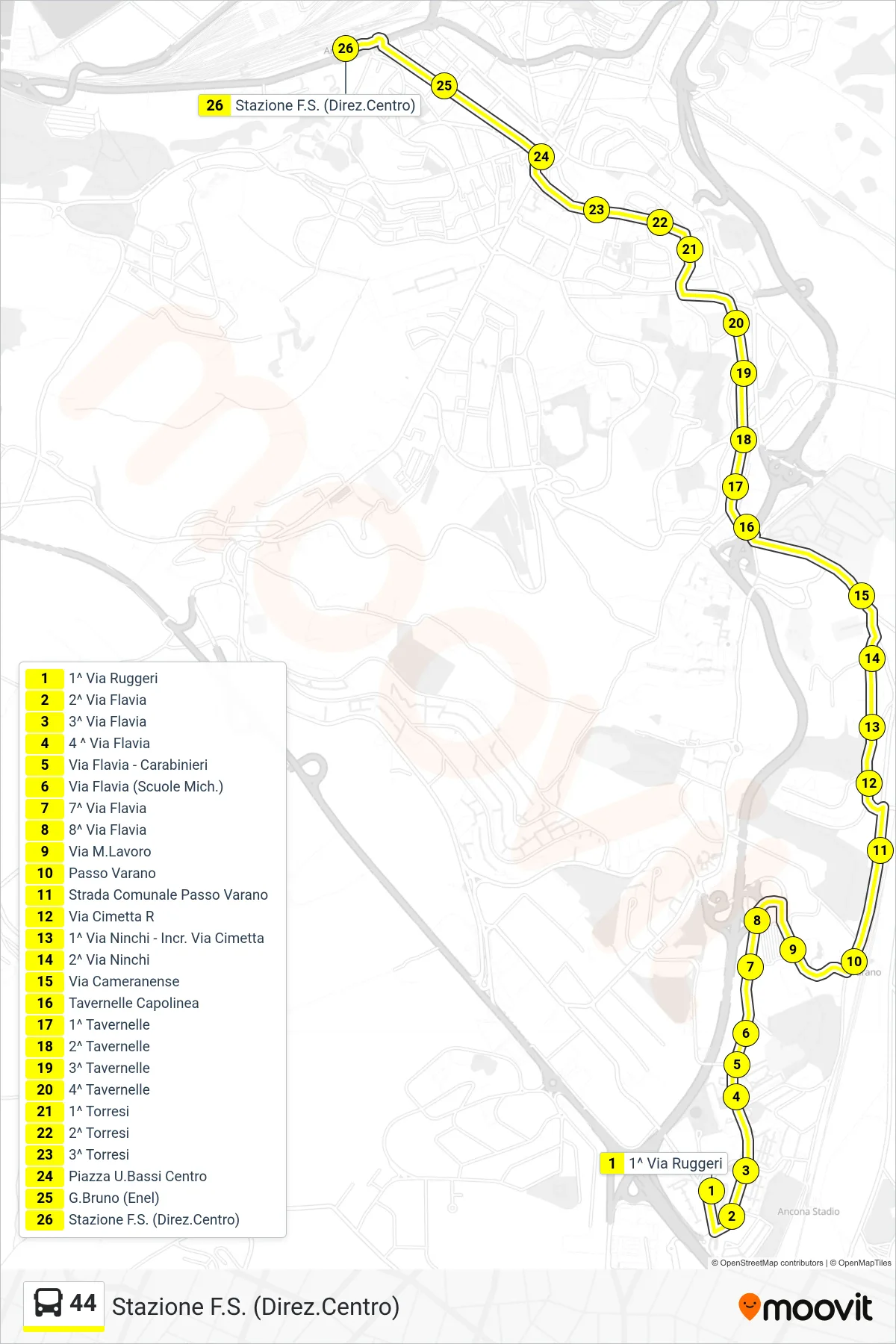Linea 44 bus (Stazione F.S. (Direz.Centro)) - Percorsi e fermate sulla mappa