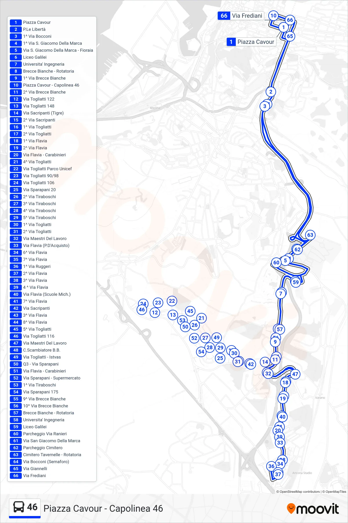 Linea 46  bus (Piazza Cavour - Capolinea 46) - Percorsi e fermate sulla mappa