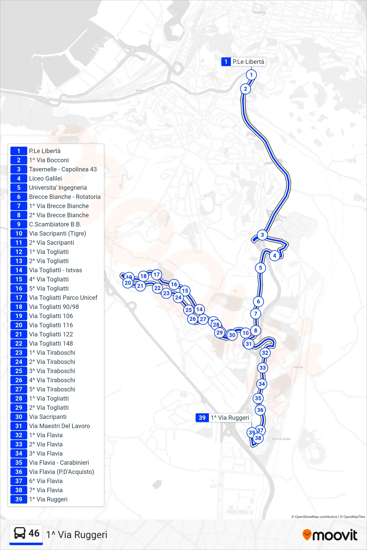 Linea 46 bus (1^ Via Ruggeri) - Percorsi e fermate sulla mappa