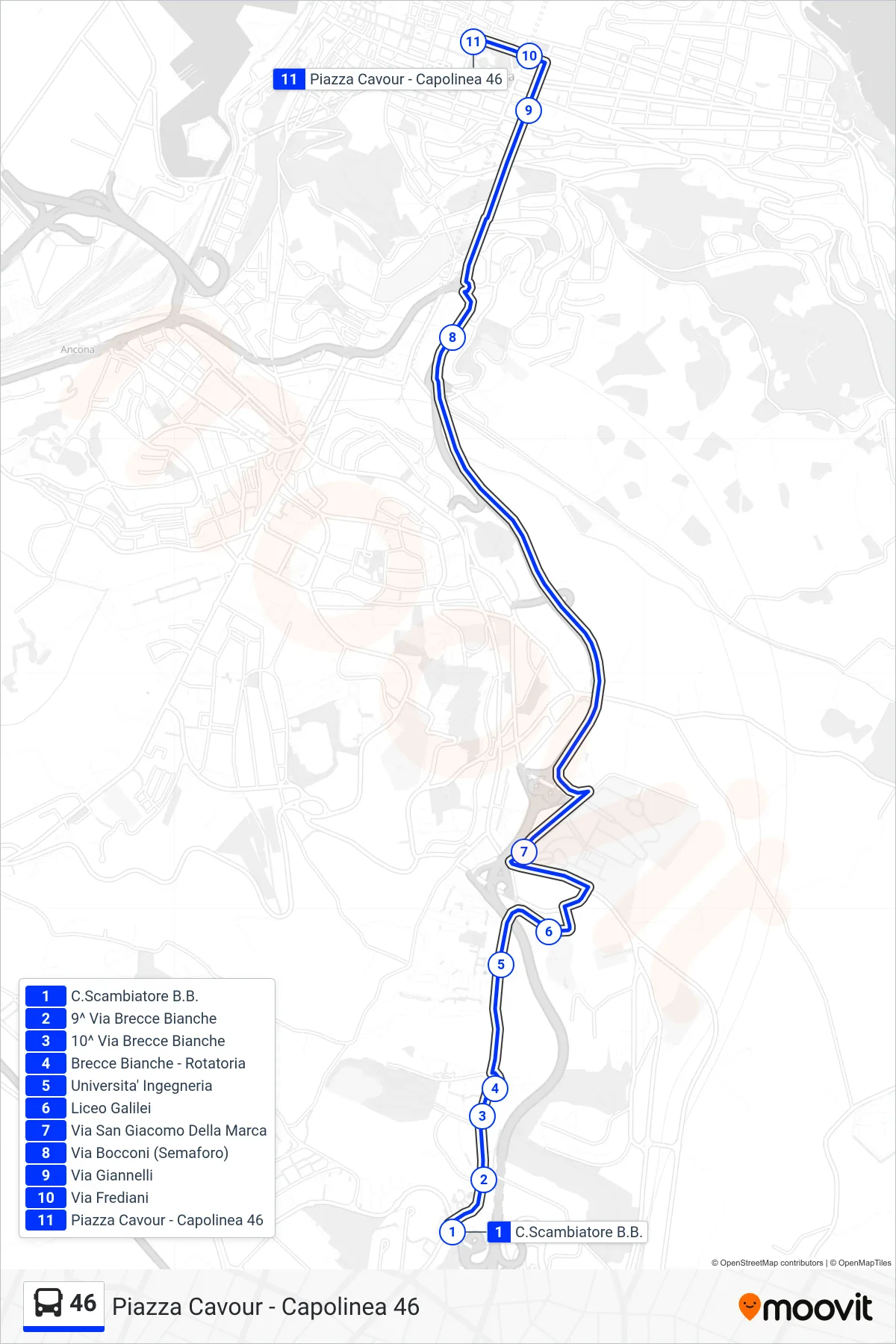 Linea 46  bus (Piazza Cavour - Capolinea 46) - Percorsi e fermate sulla mappa