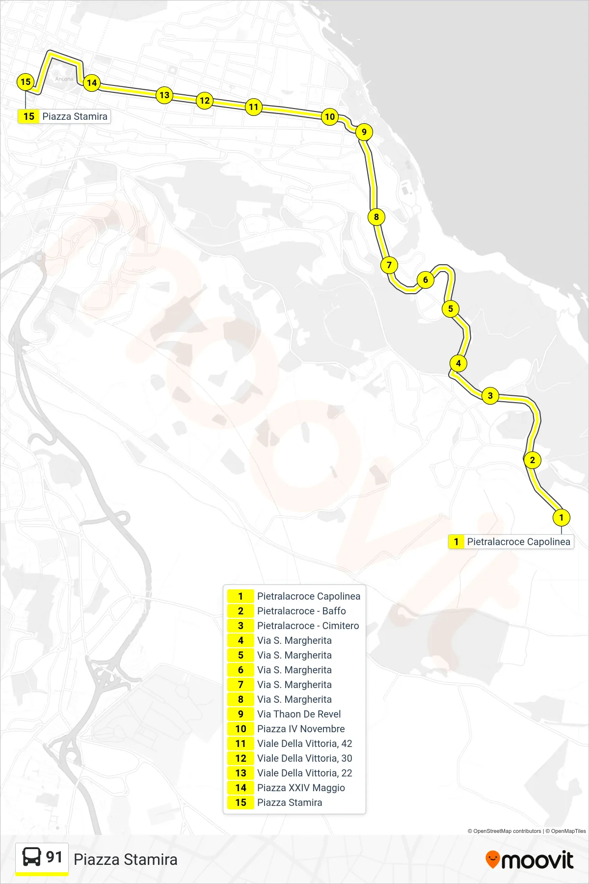Linea 91  bus (Piazza Stamira) - Percorsi e fermate sulla mappa